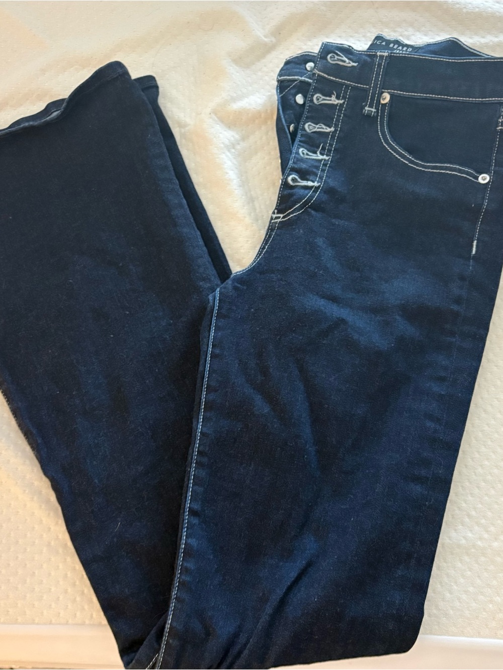 Veronica Beard Dark Wash Beverly Skinny Flare Jeans with Button-Fly